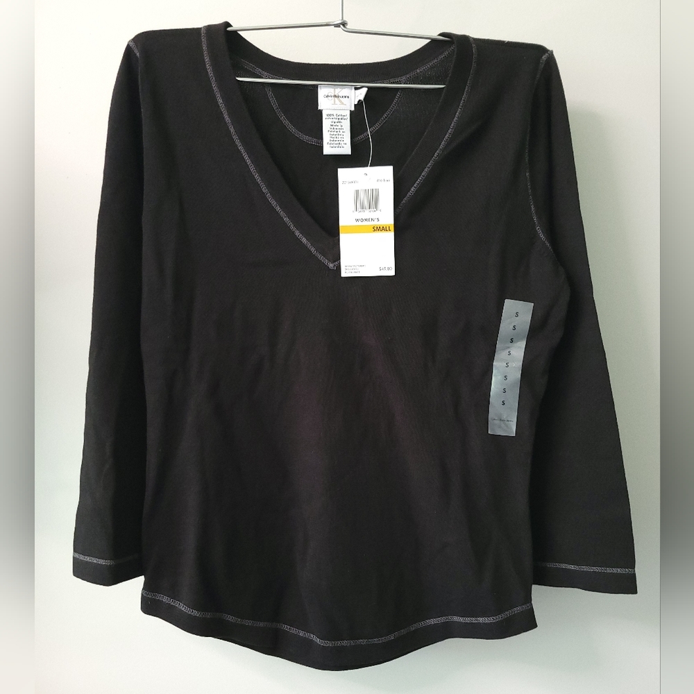 New Calvin Klein 100% Cotton Black V-Neck Blouse Top Shirt Sz Sm